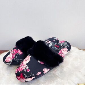 Black Pink Peonies Satin Slippers Faux Fur Trim Bedroom House Slippers NEW
